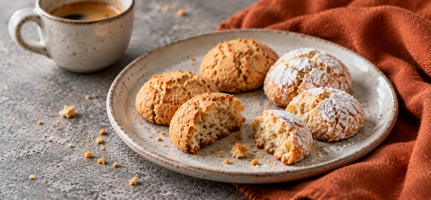 Křehká a měkká amaretti na keramickém talíři vedle šálku kávy