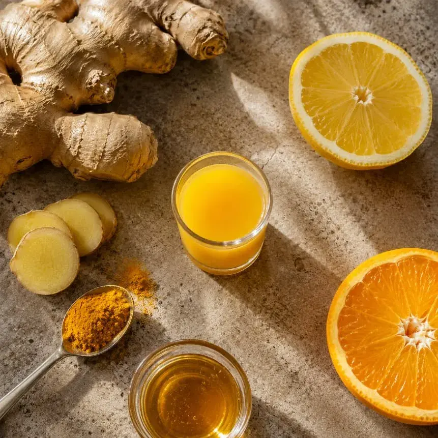 Ginger shot se zázvorem, citrusy, kurkumou a medem