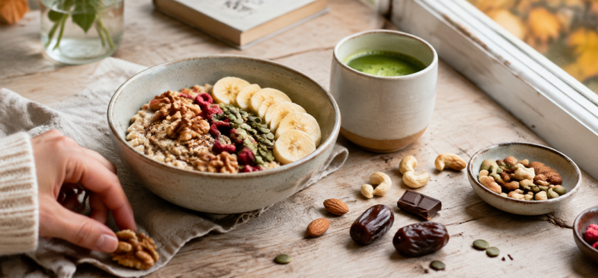 Ovesná kaše s ořechy, ovocem, semínky a matcha čajem proti únavě