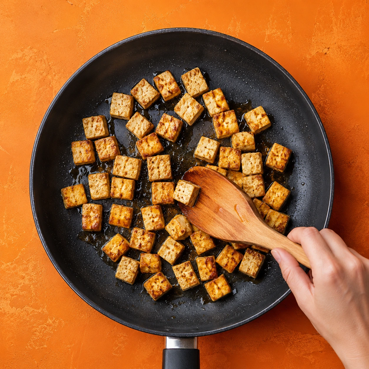 Opékání tofu na pánvi při přípravě plant-based receptu