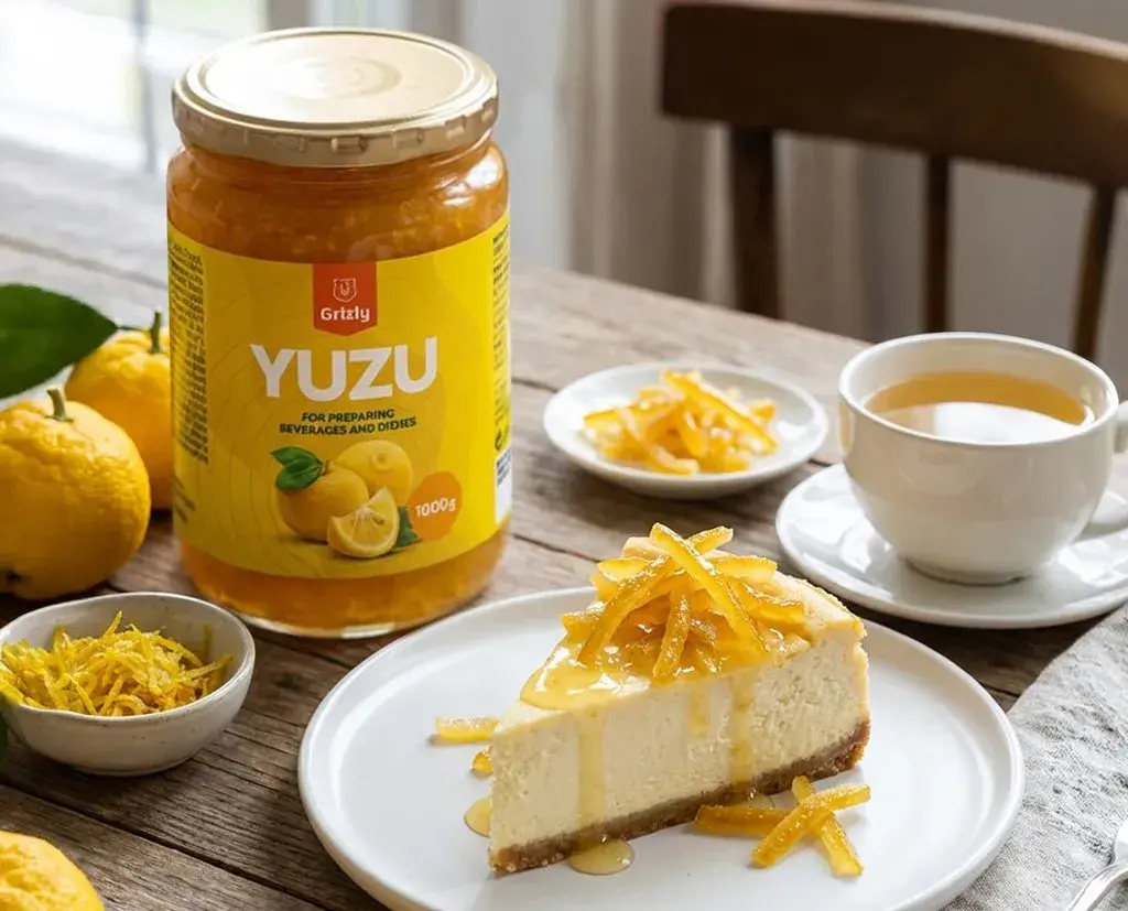 Cheesecake mit Yuzu-Glasur, Grizly Yuzu Konzentrat und einer Tasse Tee