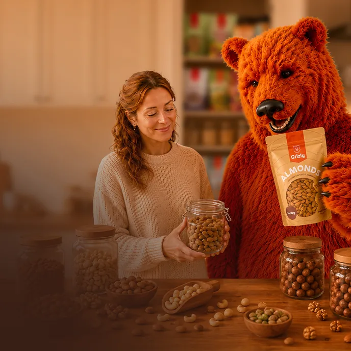 Grizly medvěd s trvanlivými potravinami