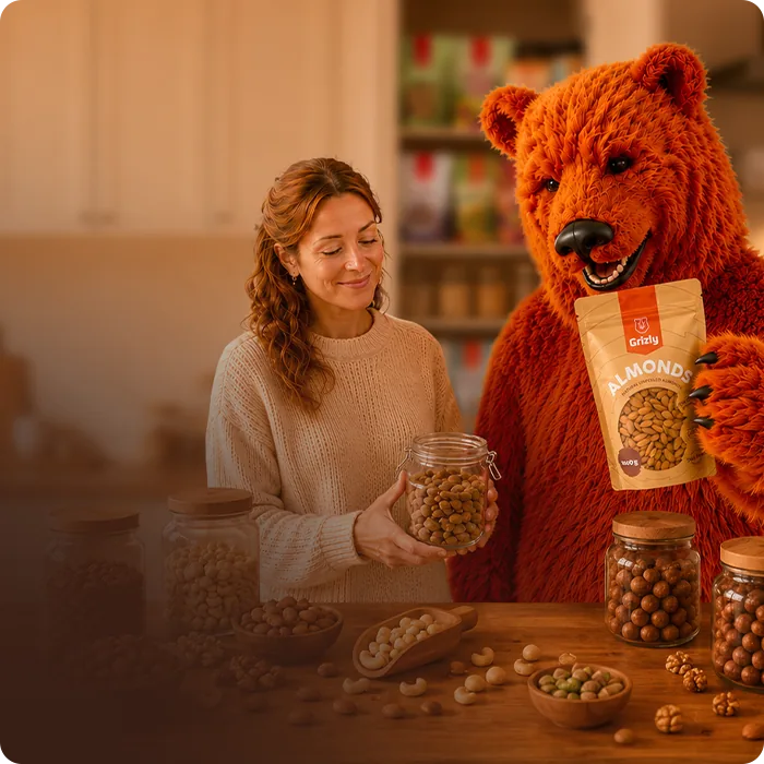 Grizly medvěd s trvanlivými potravinami