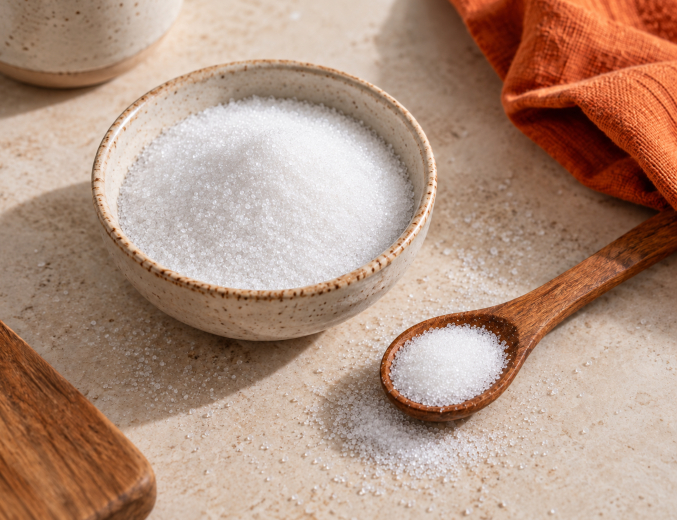 Erythritol v keramické misce a na dřevěné lžičce