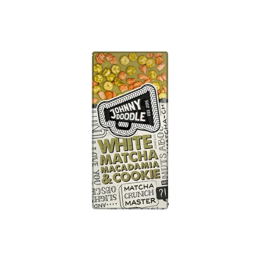 Bílá čokoláda, matcha, makadamové ořechy a sušenky