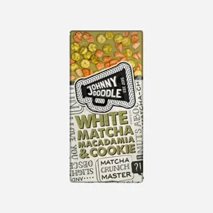 Bílá čokoláda, matcha, makadamové ořechy a sušenky