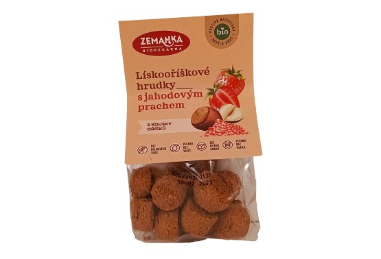 Biopekárna Zemanka Lískooříškové bio hrudky s jahodovým prachem  100 g