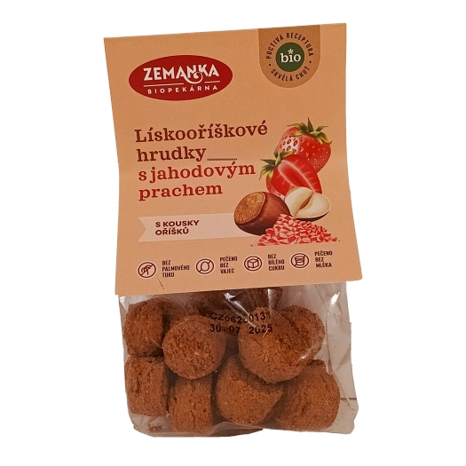 Biopekárna Zemanka Lískooříškové bio hrudky s jahodovým prachem  100 g