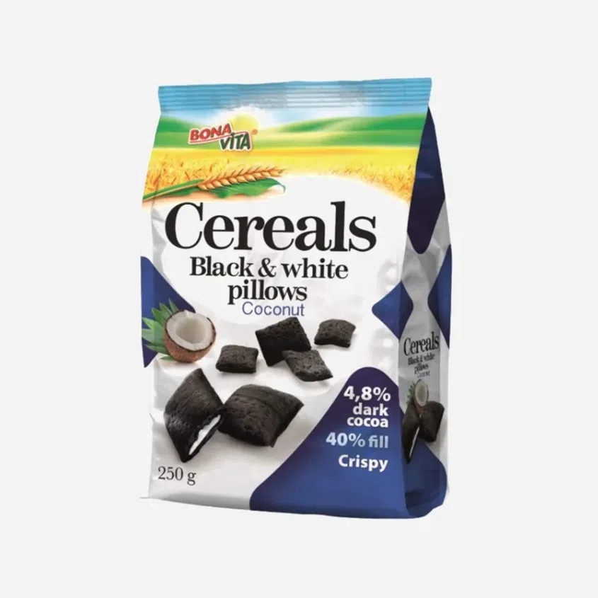 Cereální polštářky s náplní Black white pillows s kokosem