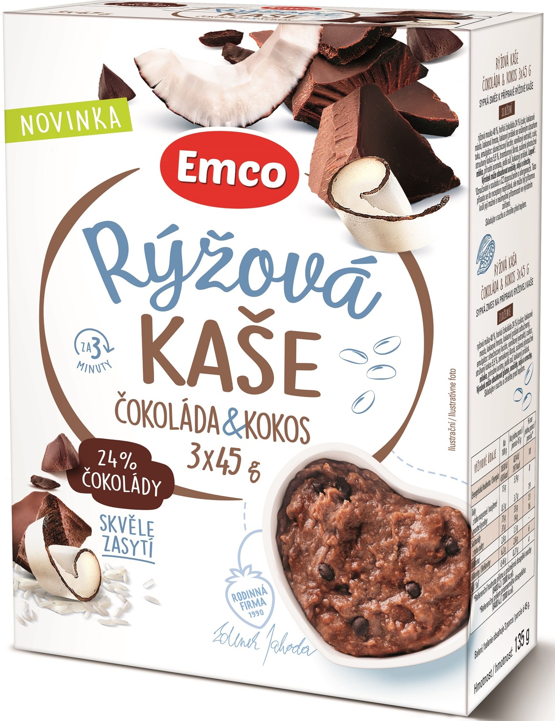 Levně Emco Rýžová kaše čokoláda a kokos 3x45 g