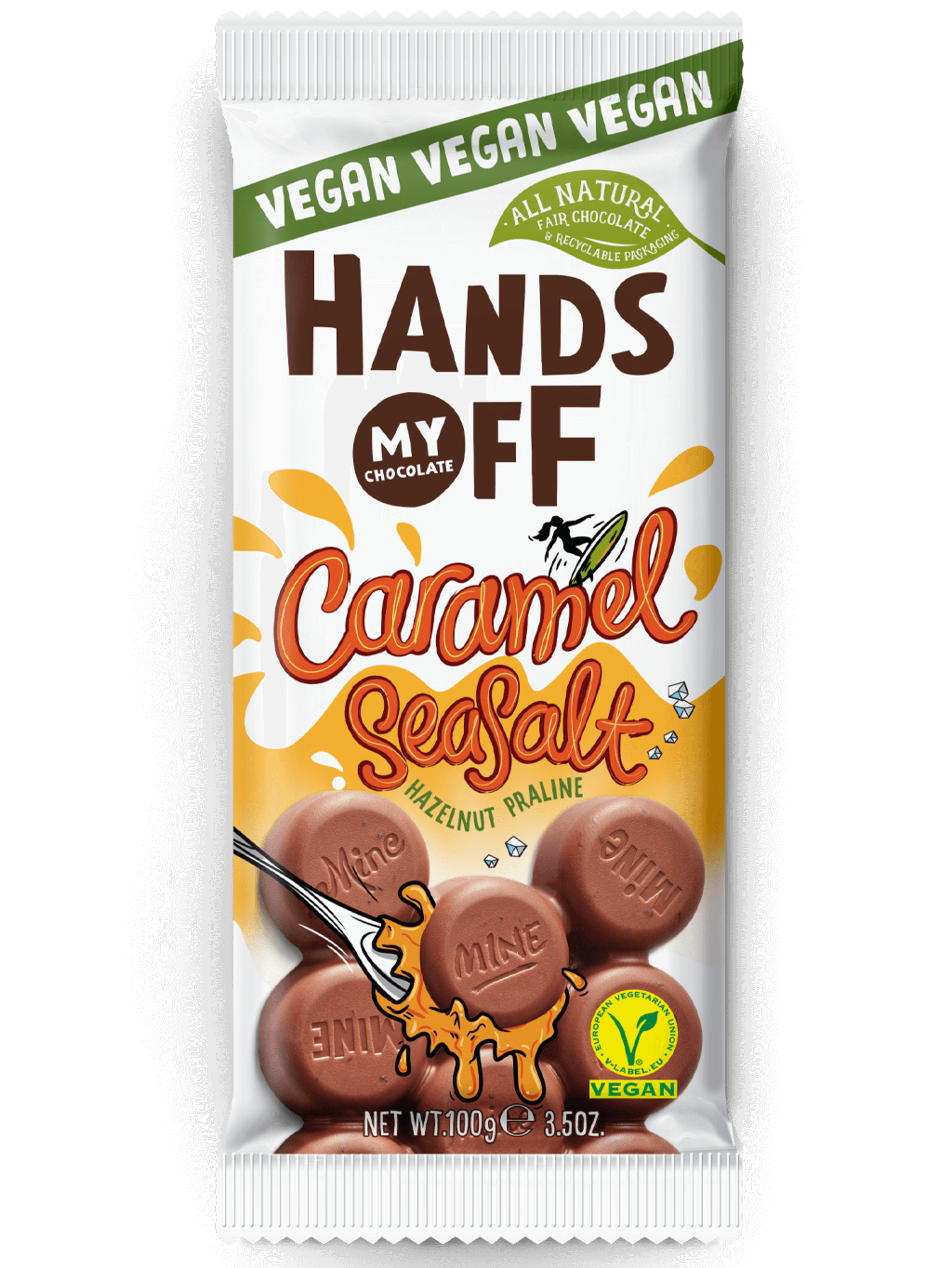 Hands off my chocolate Veganská mléčná čokoláda lískooříšková pasta, karamel a mořská sůl 100 g