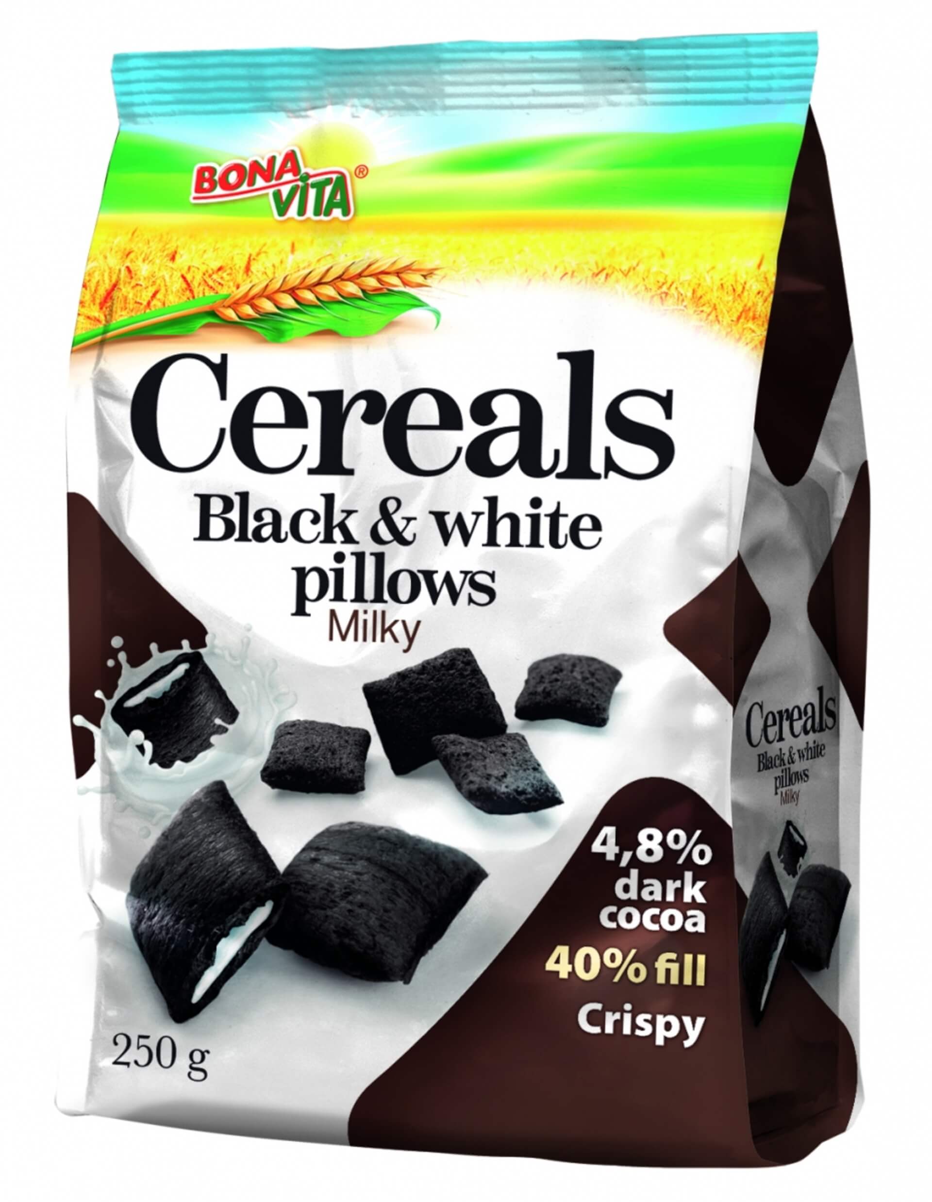 Levně Bonavita Cereální polštářky Black white pillows s mléčnou náplní 250 g
