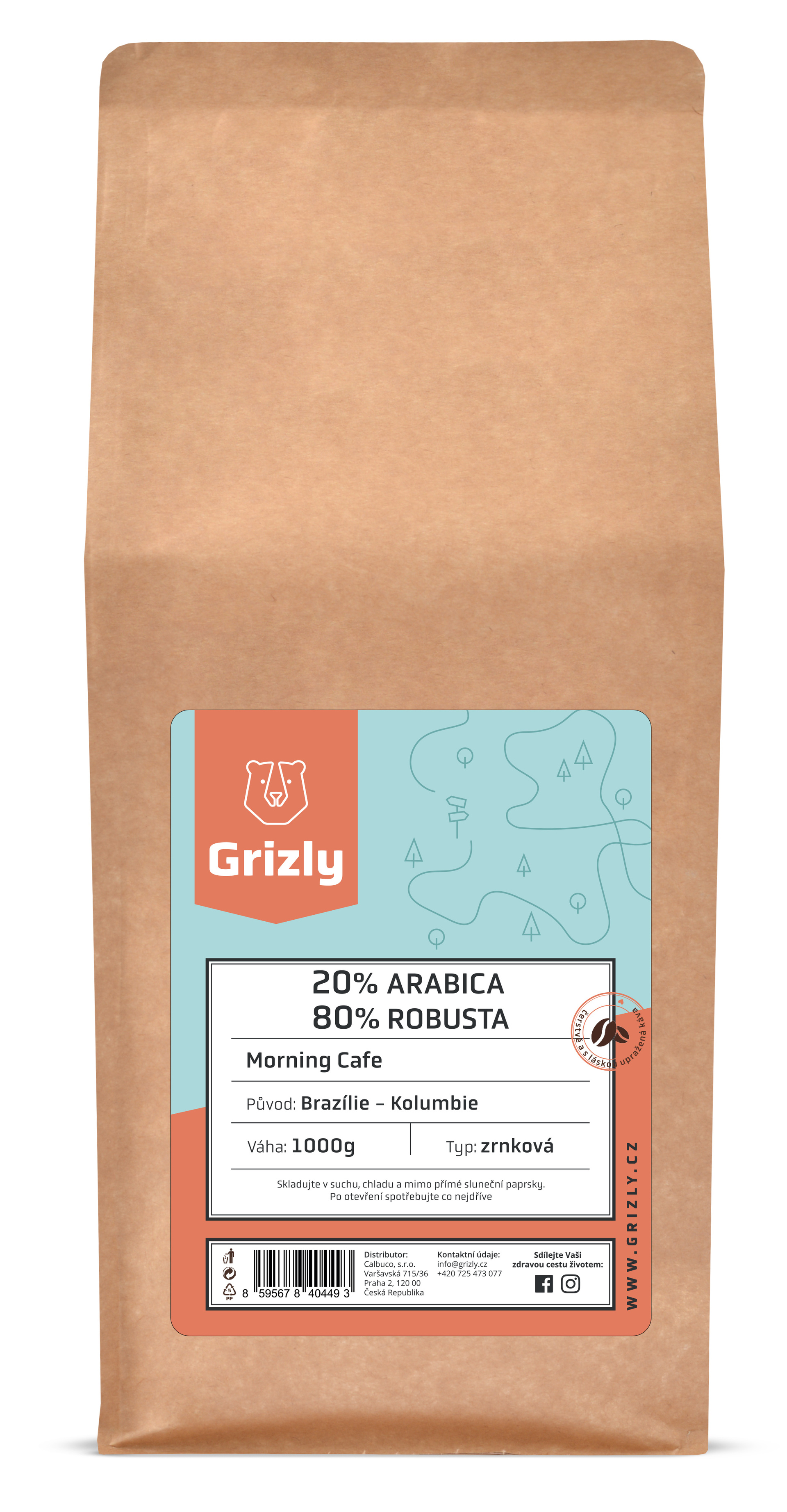 Levně GRIZLY Pražená zrnková káva 20/80 Morning Coffee 1000 g