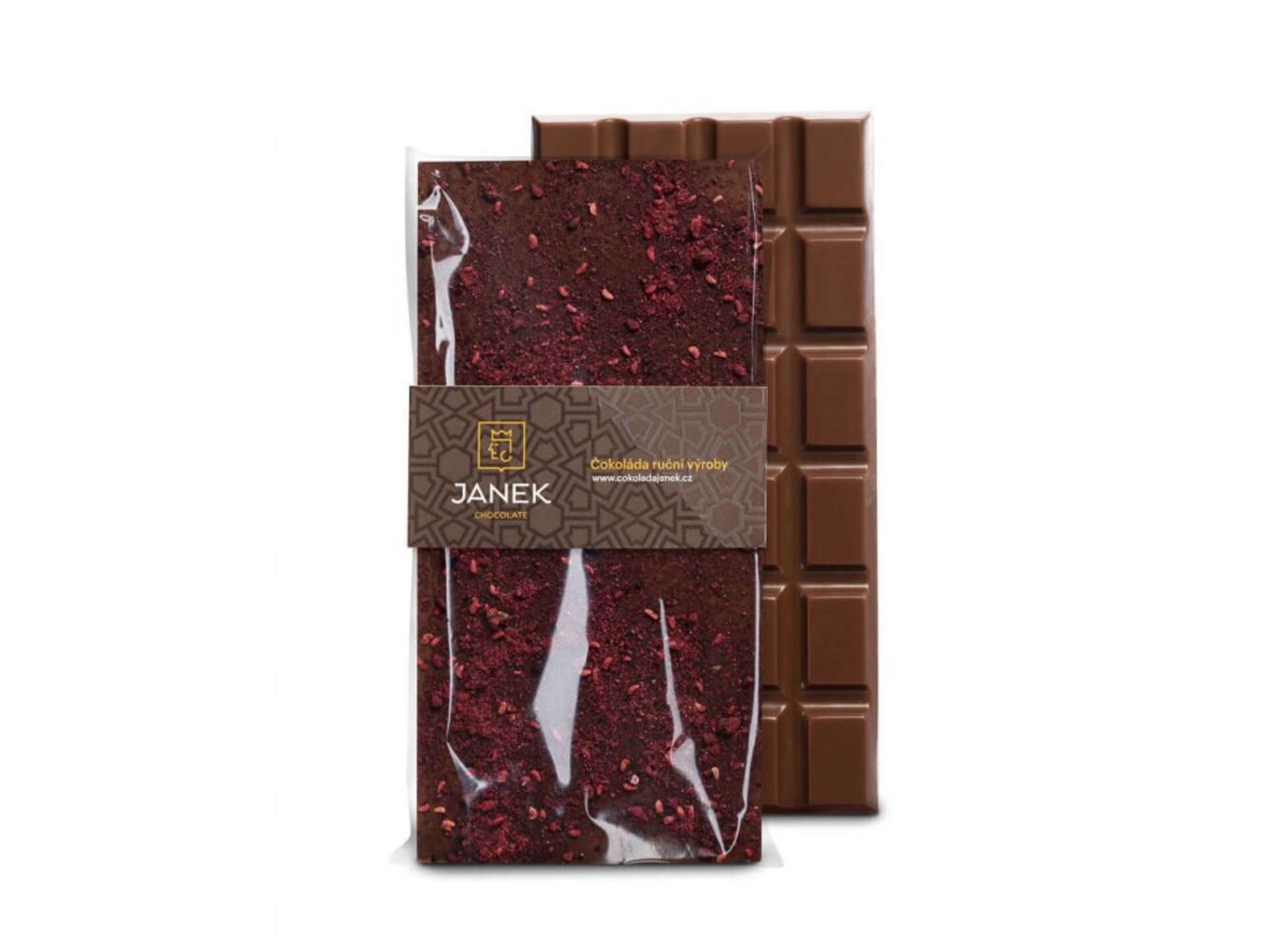 Levně Čokoládovna Janek Mléčná čokoláda s drcenými lyofilizovanými malinami a ostružinami 85 g
