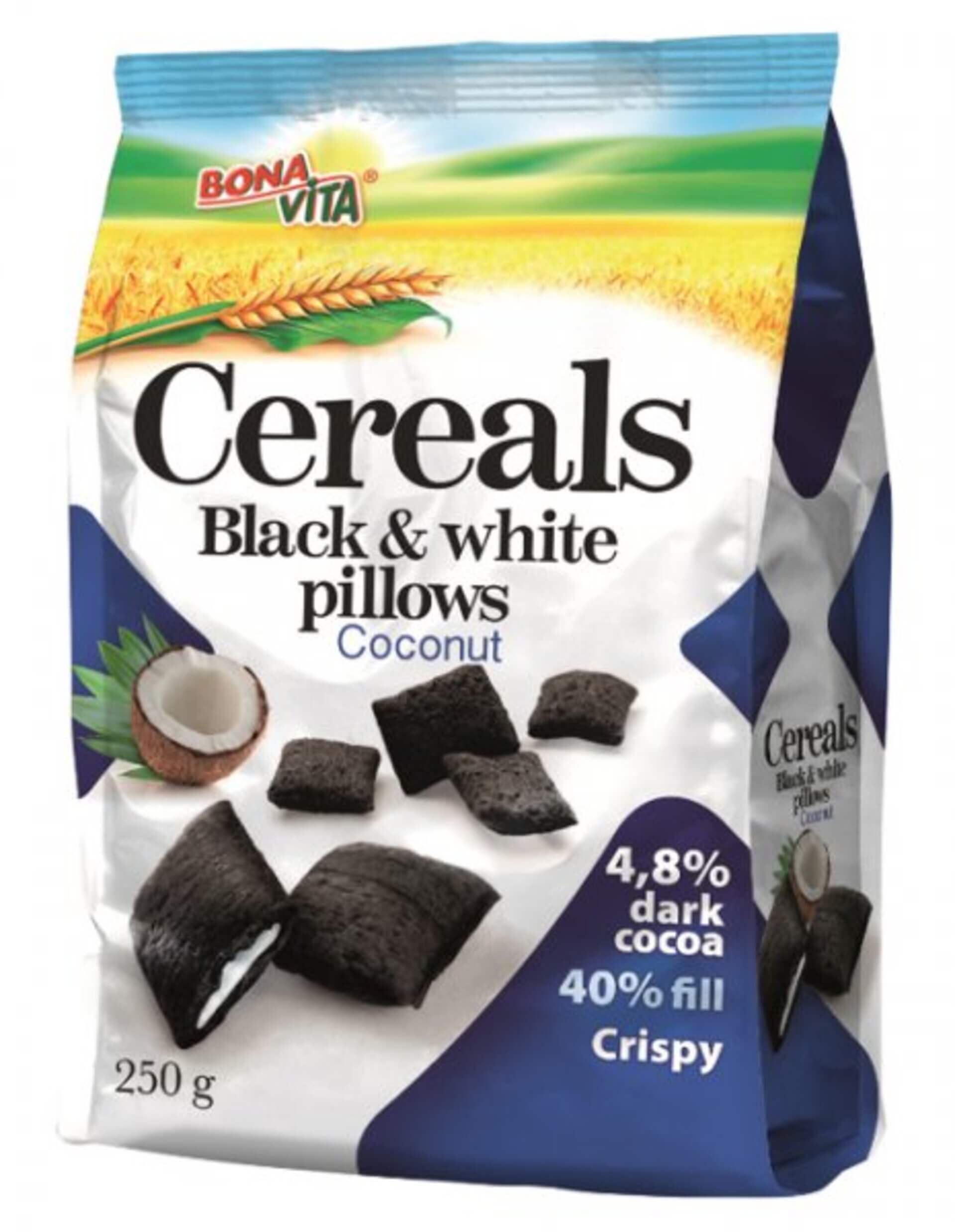 Levně Bonavita Cereální polštářky s náplní Black white pillows s kokosem 250 g