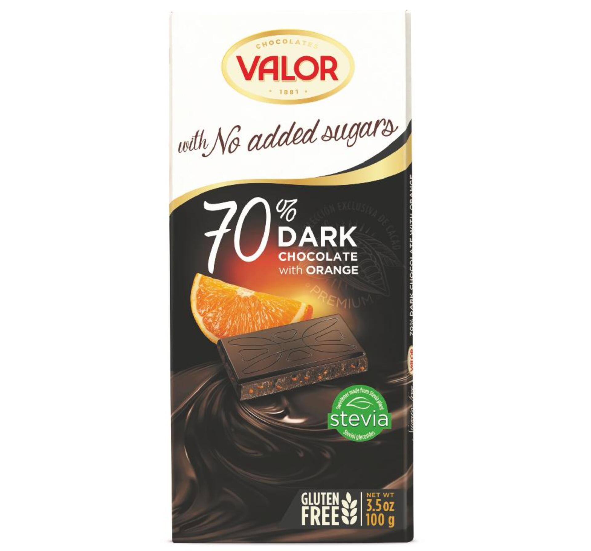 Levně Valor čokoláda 70 % kakaa bez přidaného cukru s kousky pomeranče 100 g