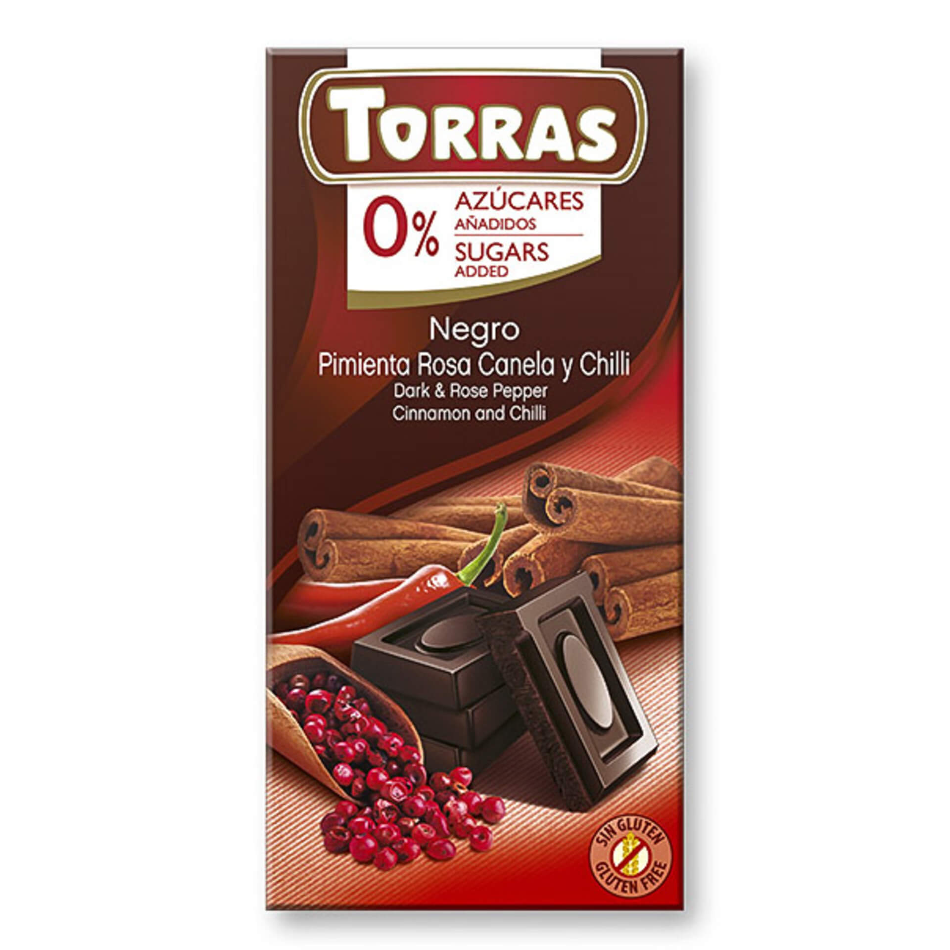 Levně Torras Hořká čokoláda s růžovým pepřem, skořicí a chilli 75 g