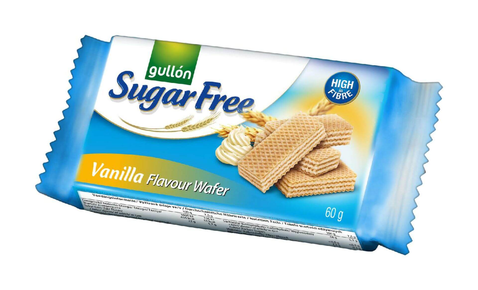 Gullón Vanilla wafer plněné krémem (70 %) s vanilkovou příchutí, bez cukru, s vlákninou 60 g