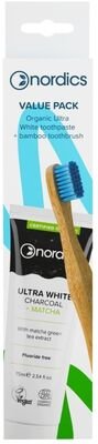 Nordics Sada - zubní pasta bělící s aktivním uhlím + modrý bambusový zubní kartáček