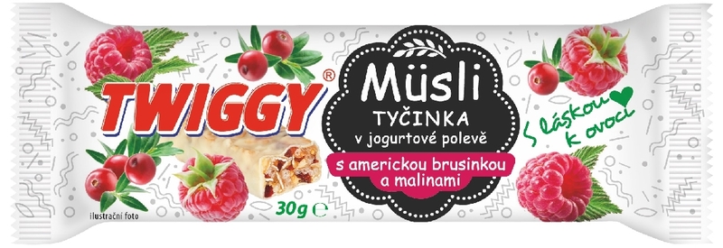 Twigy MüsIi ovocná s klikovou a malinami v jogurtové polevě 30 g