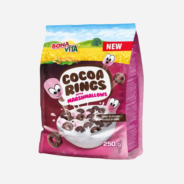 Dětské cereálie Cocoa Rings s marshmallows