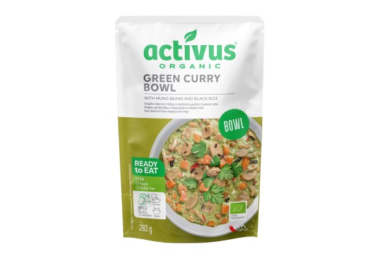 Green Curry Bowl se zeleným kari kořením, fazolemi mungo a černou rýží BIO
