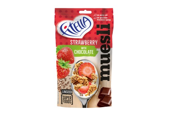 Jahodové muesli s lněným semínkem a čokoládou