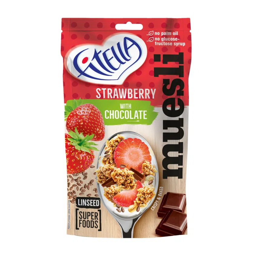 Jahodové muesli s lněným semínkem a čokoládou