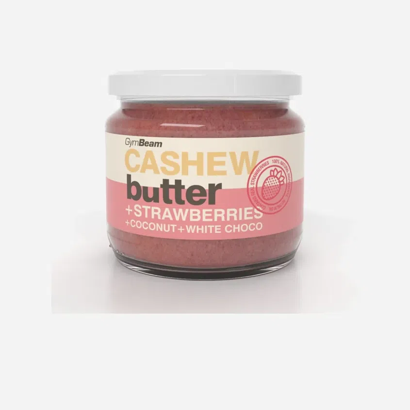 Kešu máslo s kokosem, bílou čokoládou a jahodami