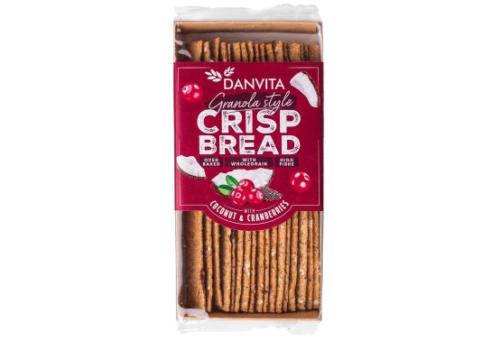 Krehké pšeničné granola plátky s kokosom, brusnicami a chia semienkami