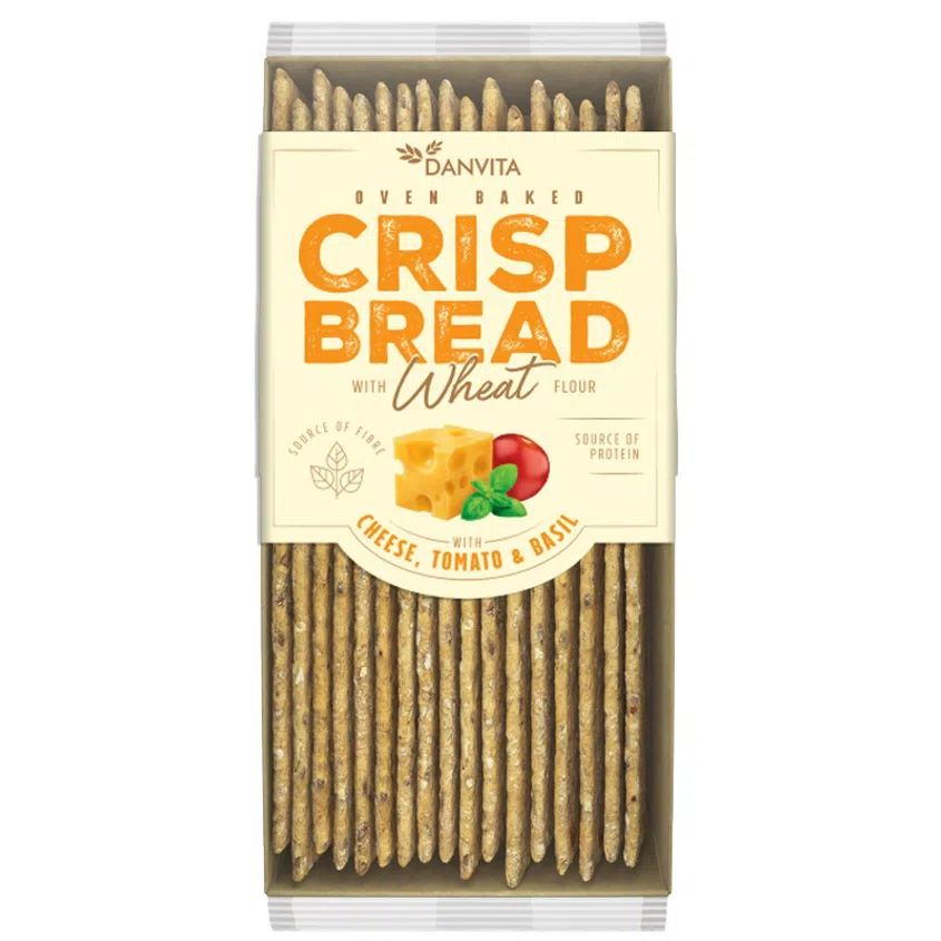 Křehké pšeničné plátky se sýrem, rajčaty a bazalkou