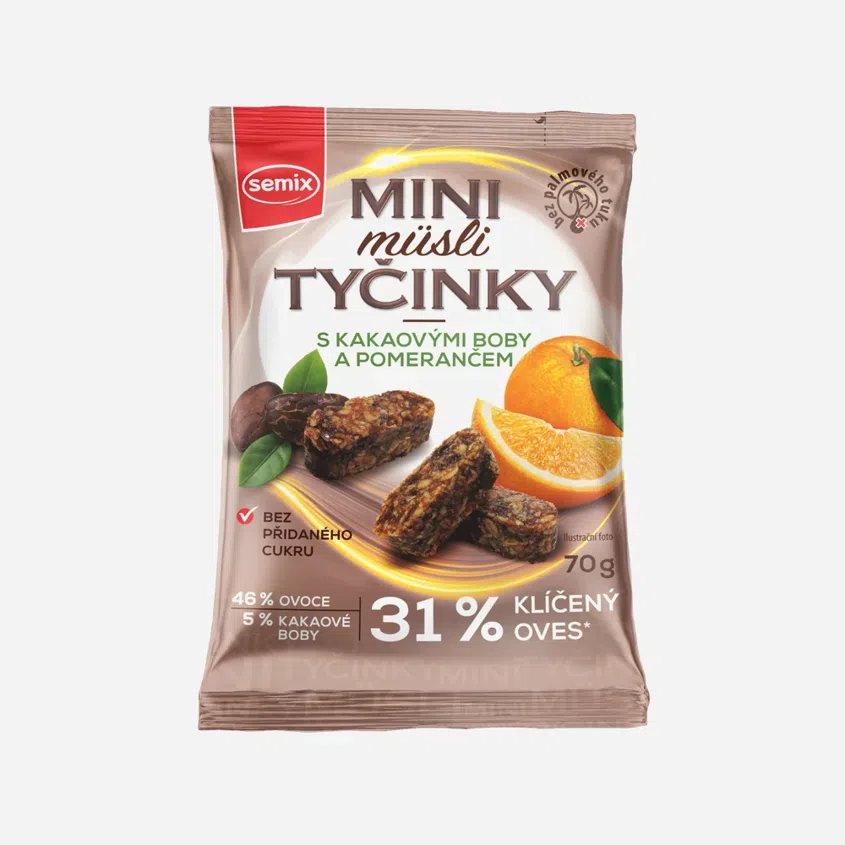 Mini müsli tyčinky s kakaovými boby a pomerančem bez lepku