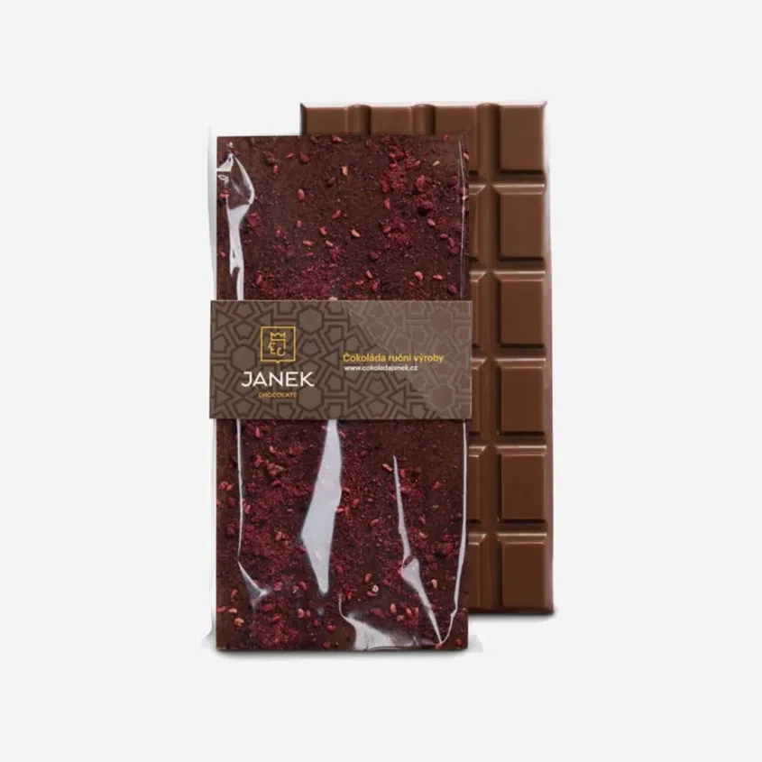 Mléčná čokoláda s drcenými lyofilizovanými malinami a ostružinami