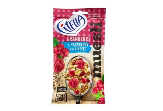 Muesli s brusinkami, malinami a lněným semínkem