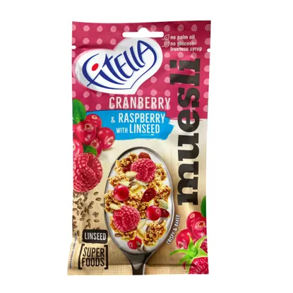 Muesli s brusinkami, malinami a lněným semínkem