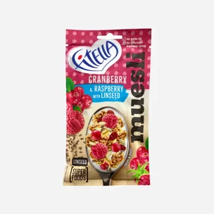 Muesli s brusinkami, malinami a lněným semínkem