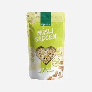Müsli srdcem pistácie a bílá čokoláda