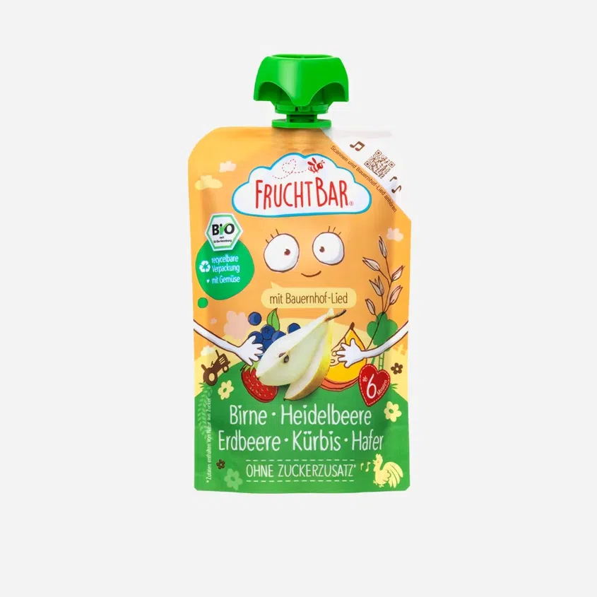 Ovocná kapsička s hruškami, borůvkami, jahodami, dýní a ovesnými vločkami BIO