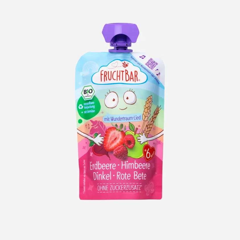 Ovocná kapsička s jahodami, malinami, červenou řepou a špaldou BIO