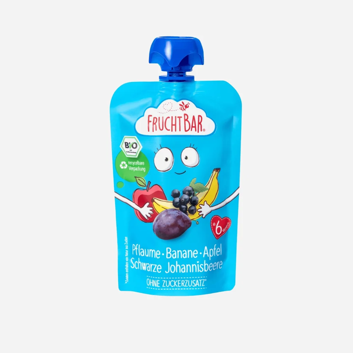 Ovocné vrecko s jablkom, banánom, slivkou a čiernymi ríbezľami BIO