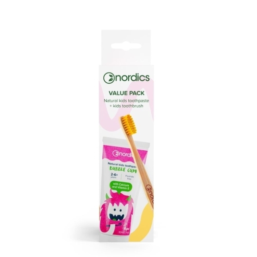 Sada - dětská zubní pasta bubble gum + žlutý bambusový kartáček - expirace