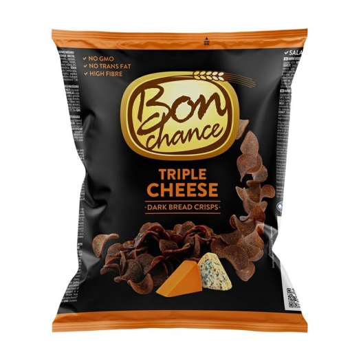 Tmavé chlebové chipsy se třemi druhy sýrů