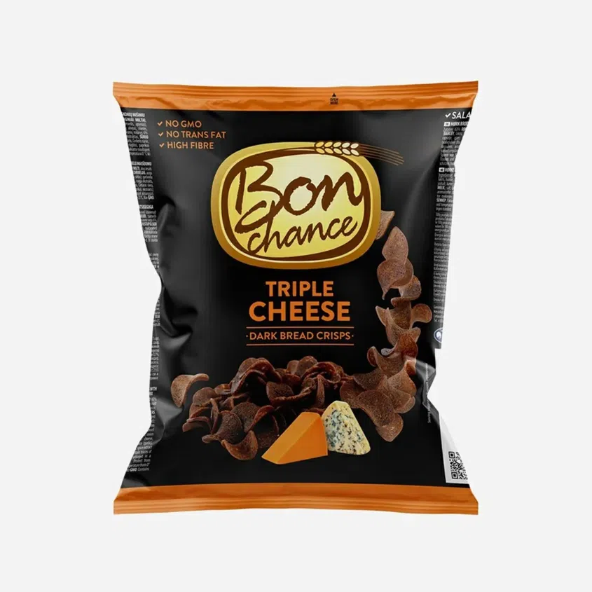 Tmavé chlebové chipsy se třemi druhy sýrů