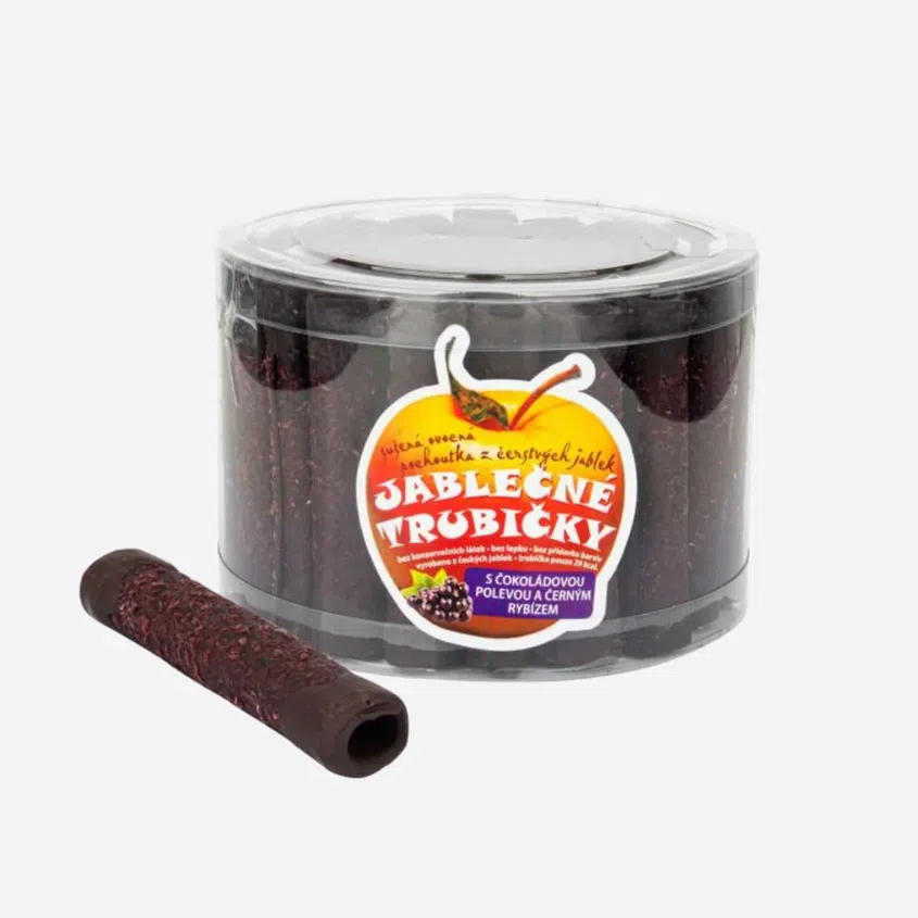 Trubičky jablečné s černým rybízem a čokoládou - dóza