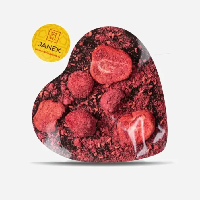 Velké hořké čokoládové srdíčko s lyofilizovanými jahodami a malinami