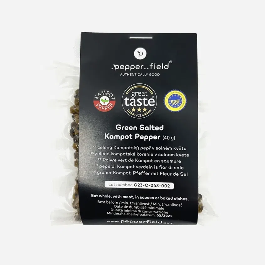 Zelený Kampotský pepř v solném květu
